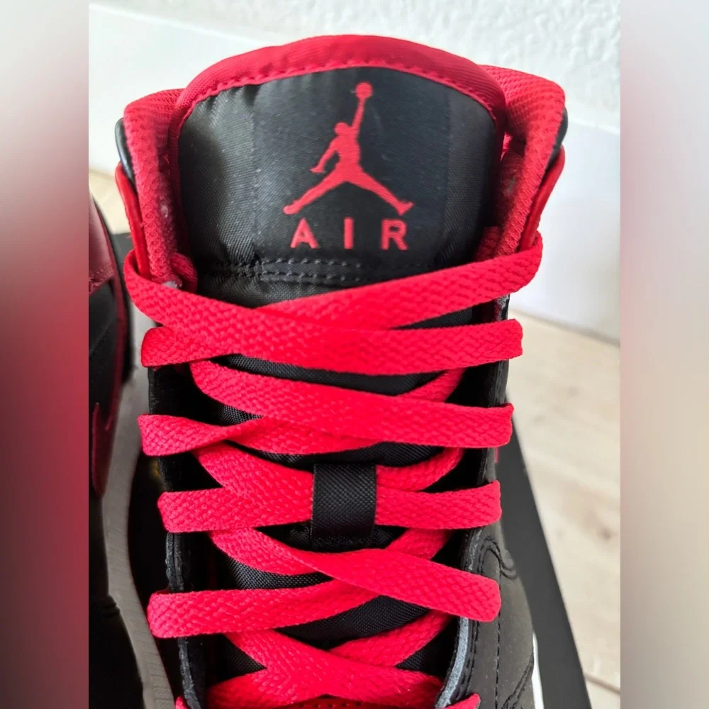 NEW Jordan 1 Mid - Black/Fire Red-White - Picture 6 of 13